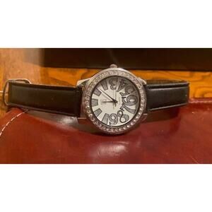 Women's 40mm NY&C Silver Tone Watch, Crystal Accents , Black Leather Band